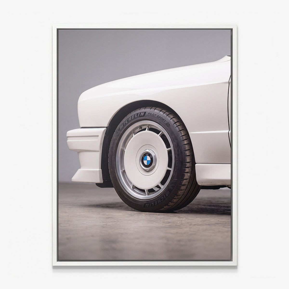 E30 Wheel classic E30 coupe alloy wheel close-up canvas wall art in a white floating frame