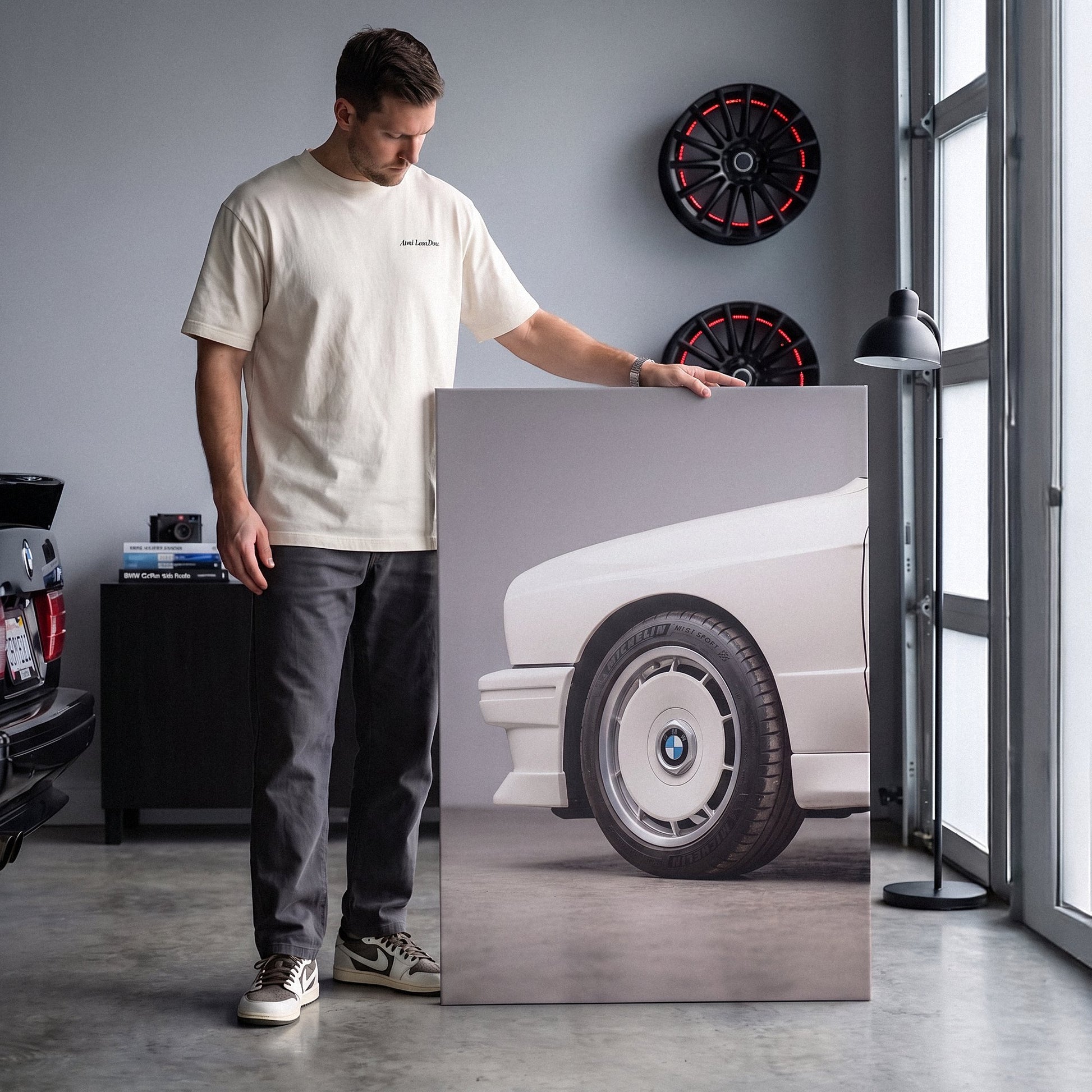 E30 Wheel classic E30 coupe alloy wheel close-up canvas wall art in a styled study