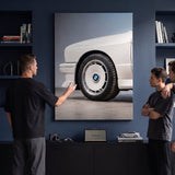 E30 Wheel classic E30 coupe alloy wheel close-up canvas wall art in a living room lounge
