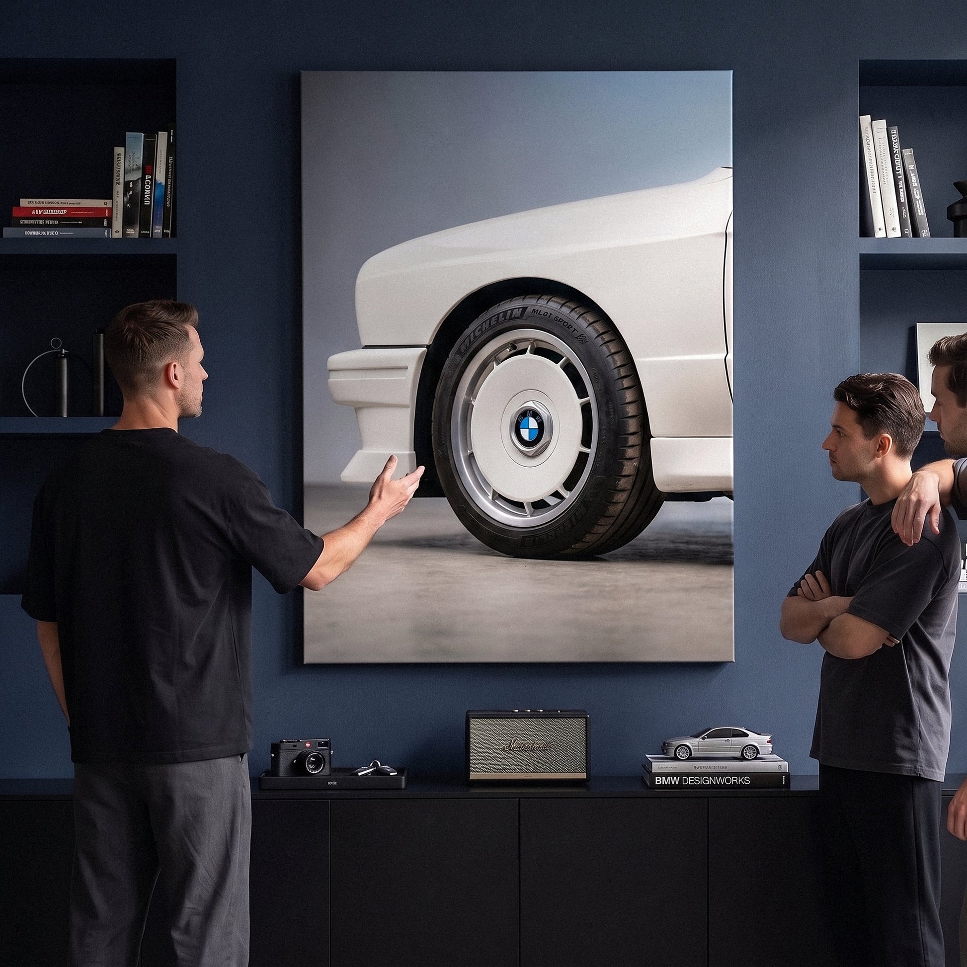 E30 Wheel classic E30 coupe alloy wheel close-up canvas wall art in a living room lounge