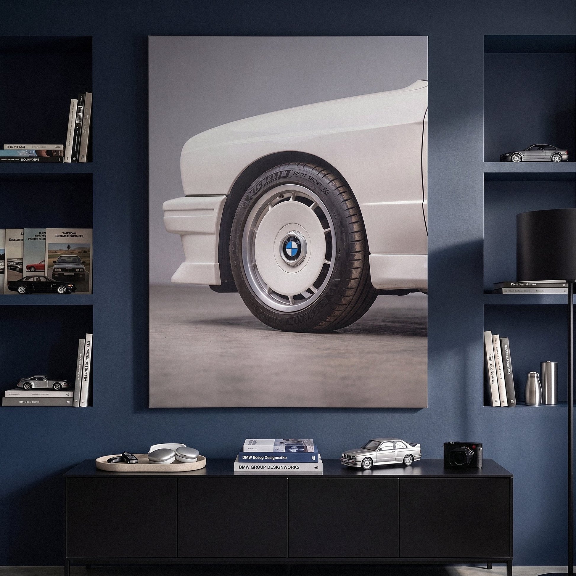E30 Wheel classic E30 coupe alloy wheel close-up canvas wall art in a modern home office