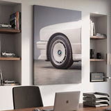 E30 Wheel classic E30 coupe alloy wheel close-up canvas wall art in a dark enthusiast den