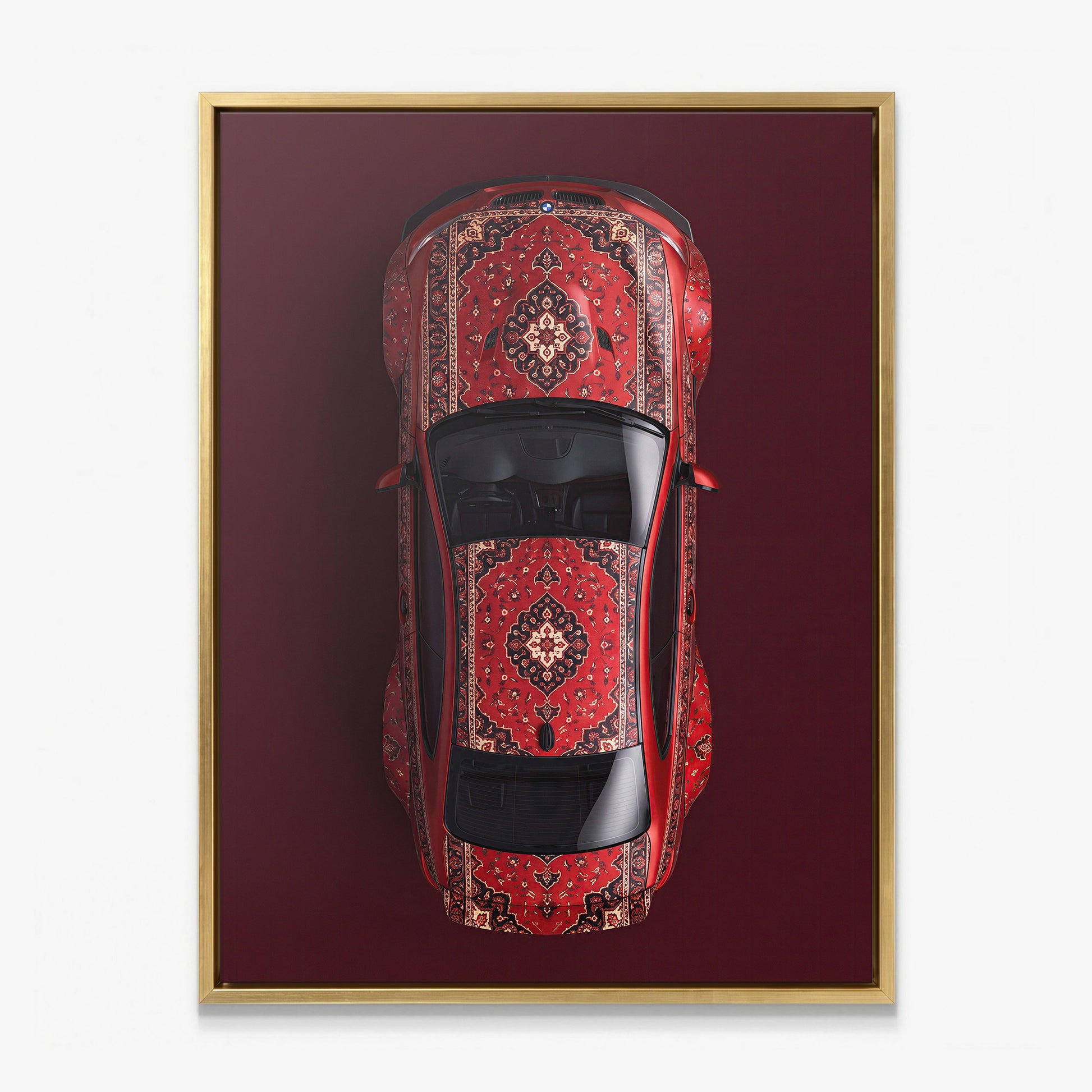 E92 Carpet E92 coupe on a patterned carpet canvas wall art in a gold floating frame