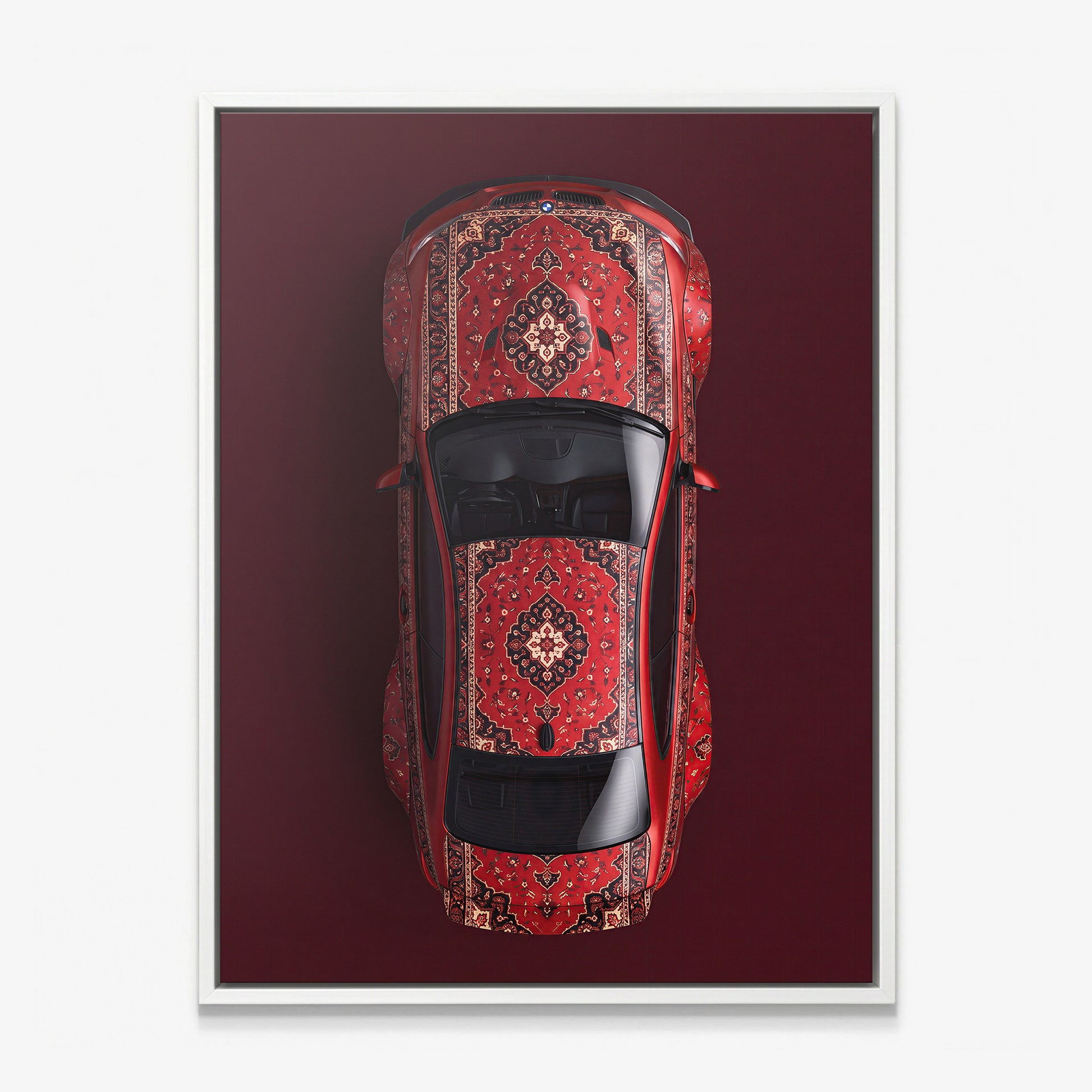 E92 Carpet E92 coupe on a patterned carpet canvas wall art in a white floating frame