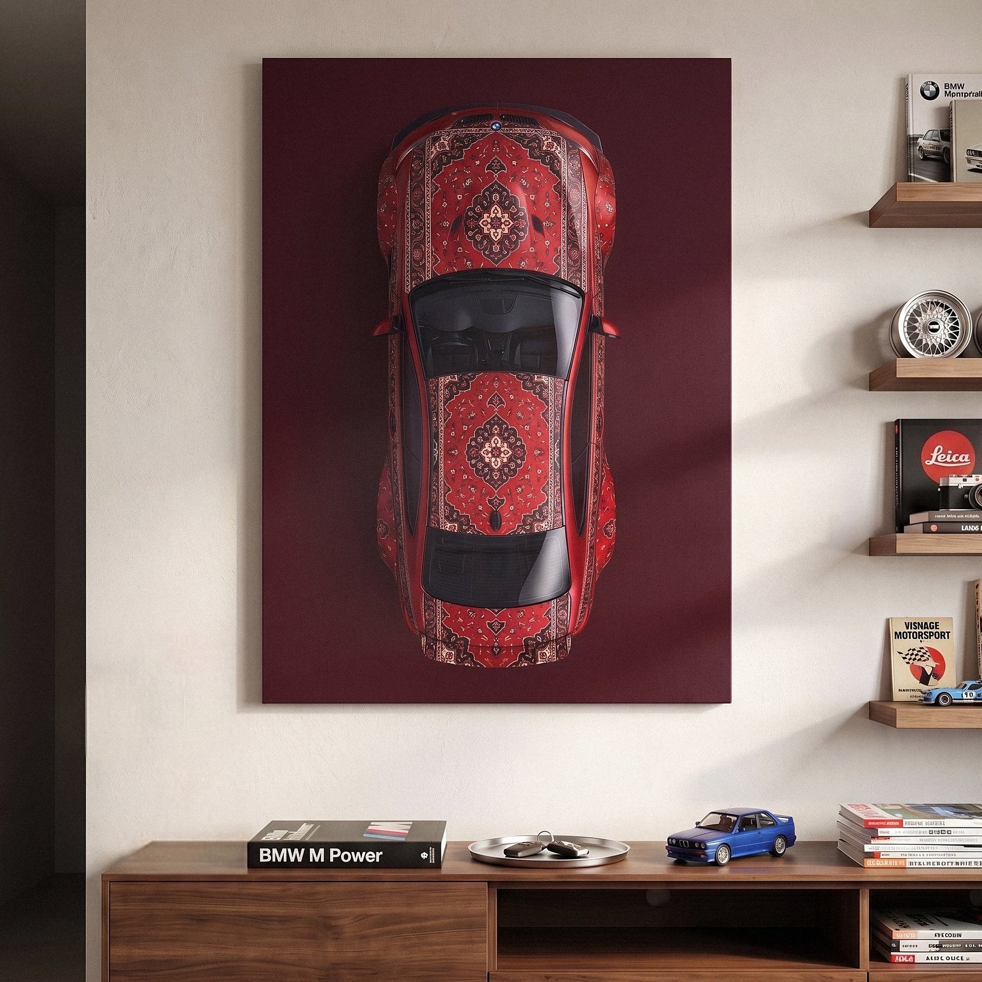 E92 Carpet E92 coupe on a patterned carpet canvas wall art in a modern home office