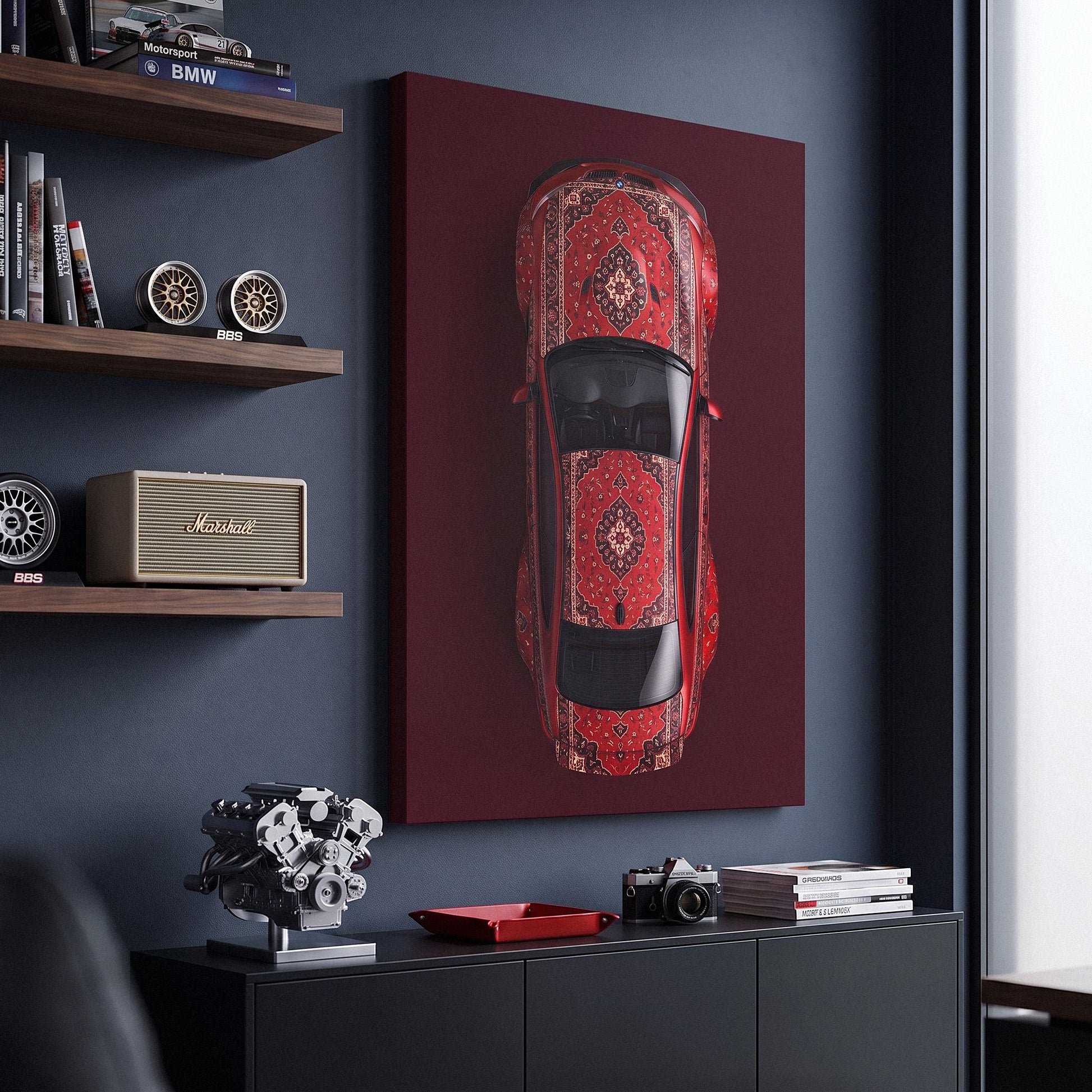 E92 Carpet E92 coupe on a patterned carpet canvas wall art in a dark enthusiast den