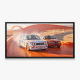 Echoes Of Speed German touring coupes on a race track canvas wall art in a black floating frame