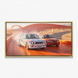 Echoes Of Speed German touring coupes on a race track canvas wall art in a gold floating frame