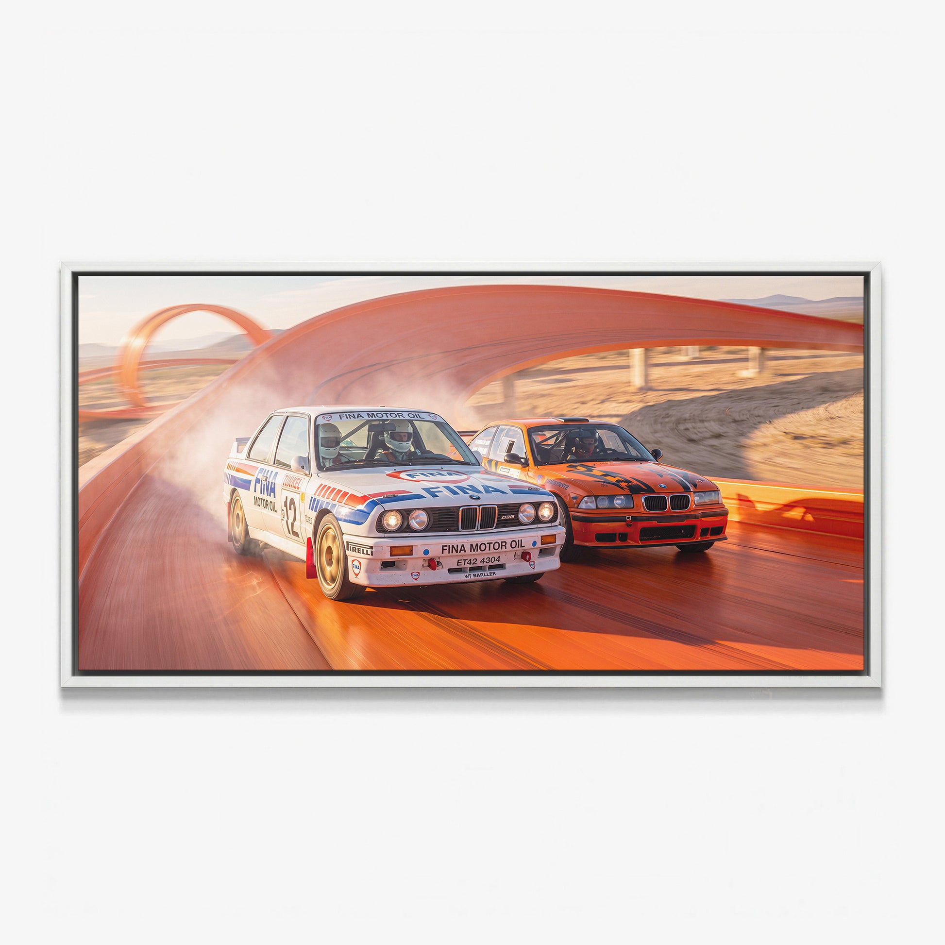 Echoes Of Speed German touring coupes on a race track canvas wall art in a white floating frame