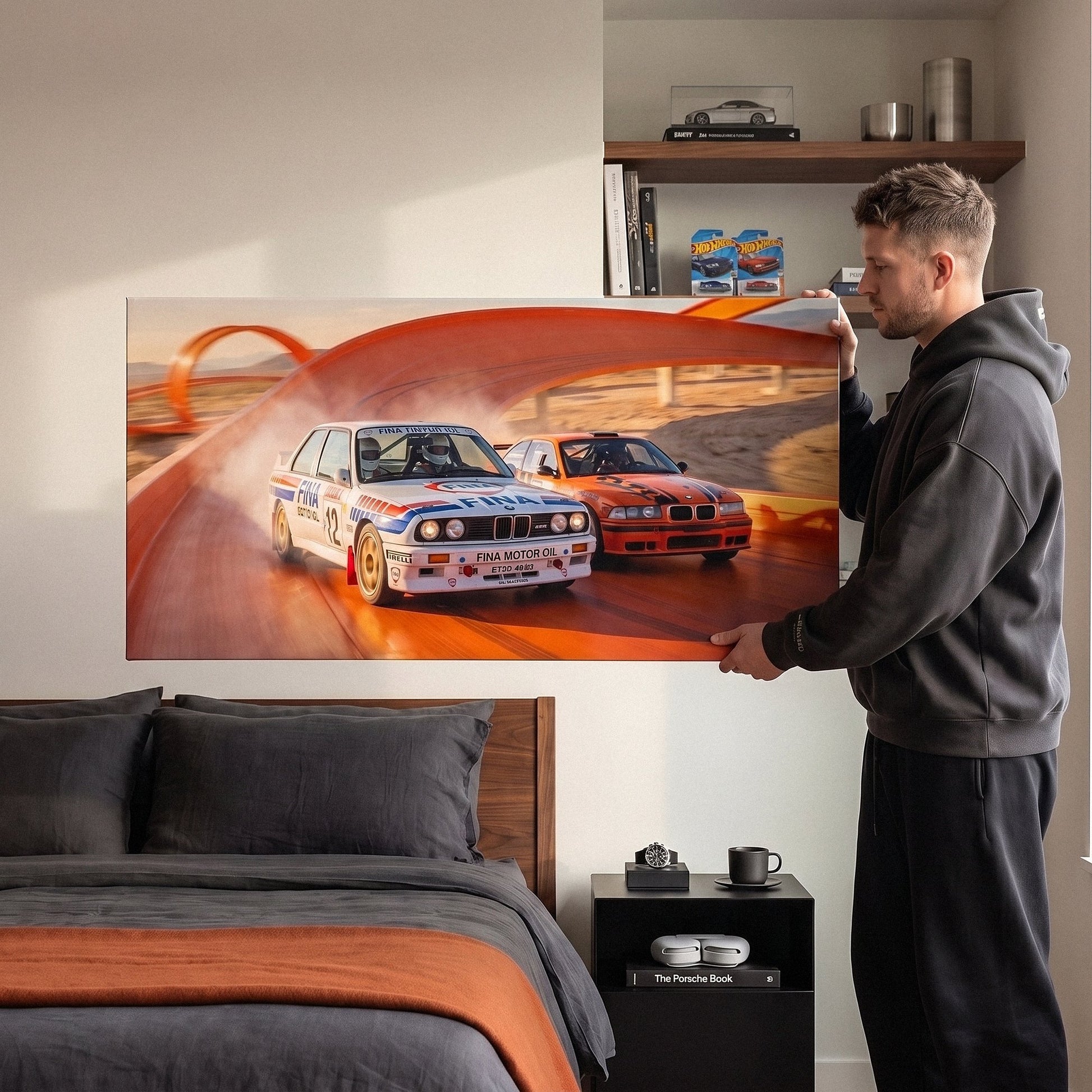 Echoes Of Speed German touring coupes on a race track canvas wall art in a styled study