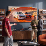 Echoes Of Speed German touring coupes on a race track canvas wall art in a living room lounge