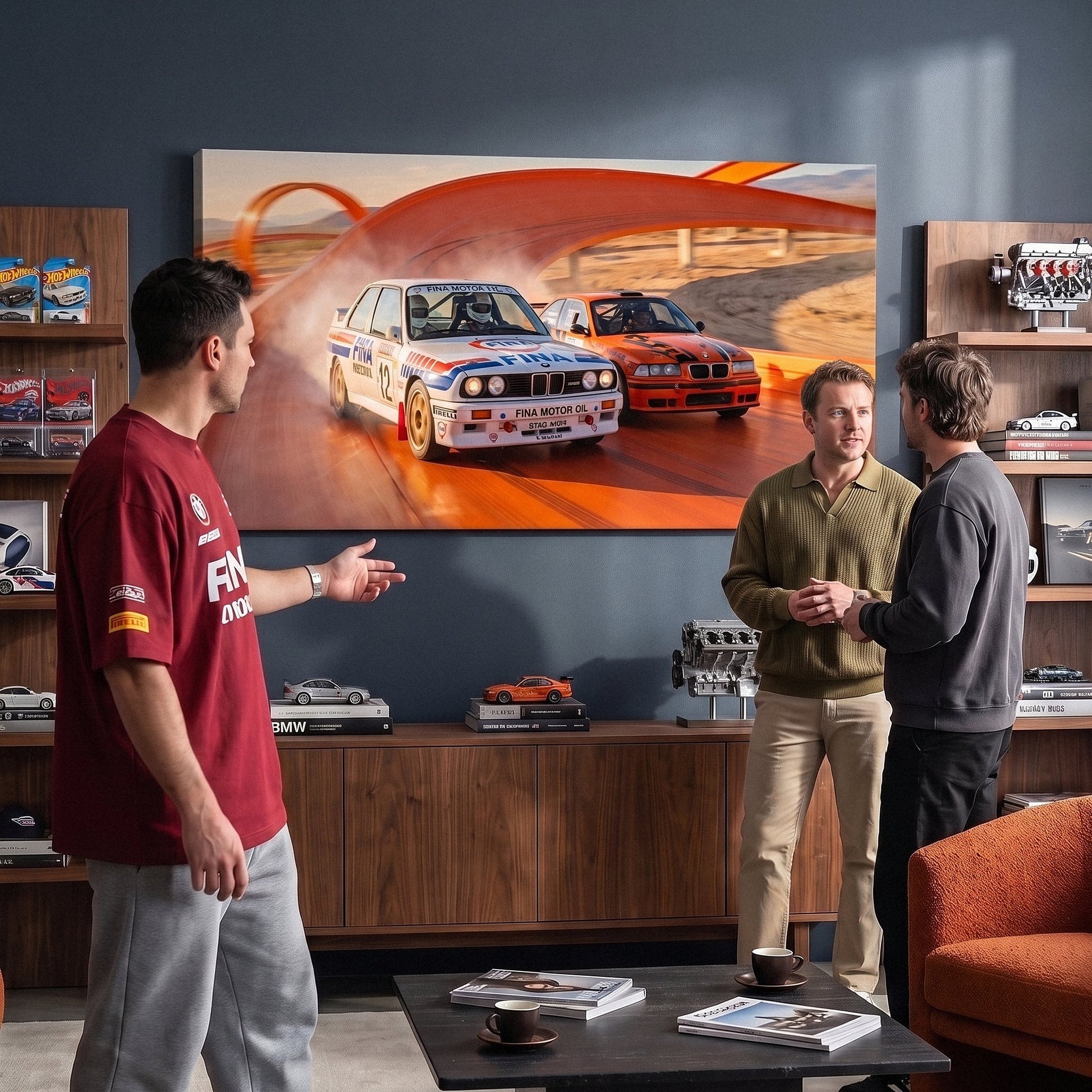 Echoes Of Speed German touring coupes on a race track canvas wall art in a living room lounge