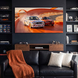 Echoes Of Speed German touring coupes on a race track canvas wall art in a modern home office