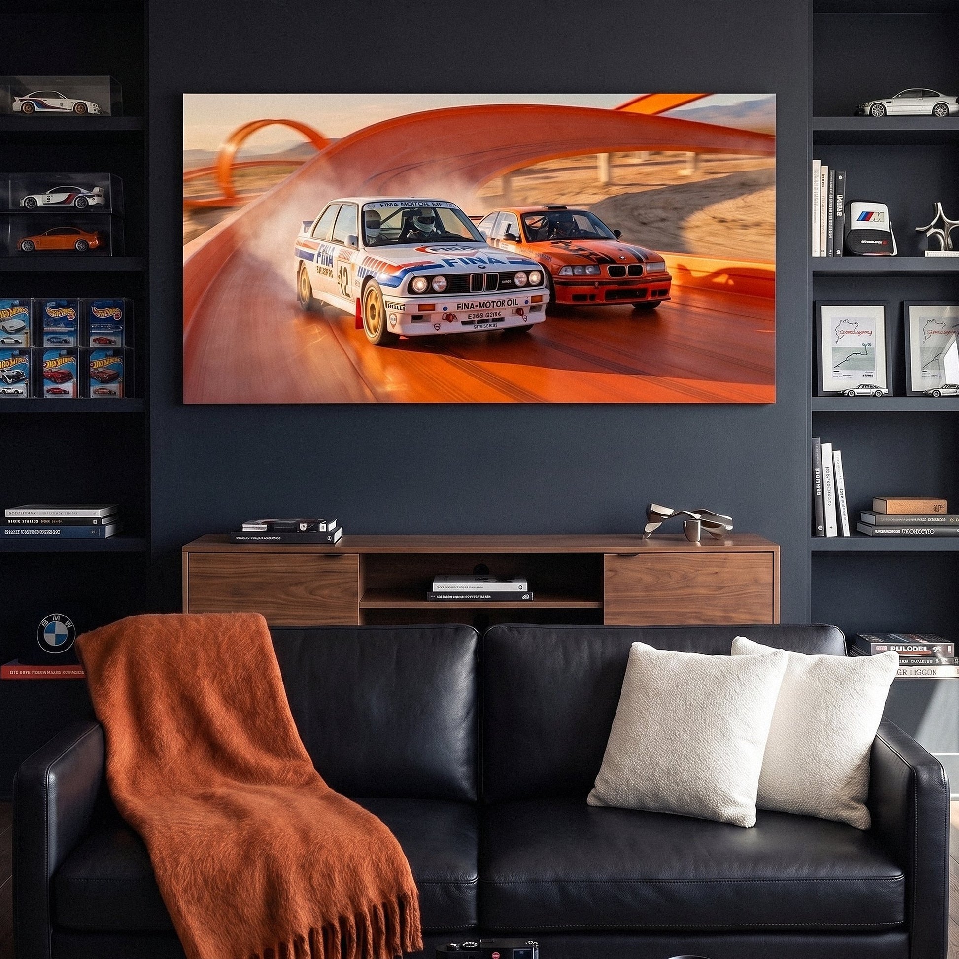 Echoes Of Speed German touring coupes on a race track canvas wall art in a modern home office