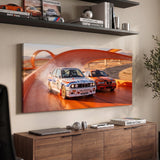 Echoes Of Speed German touring coupes on a race track canvas wall art in a dark enthusiast den