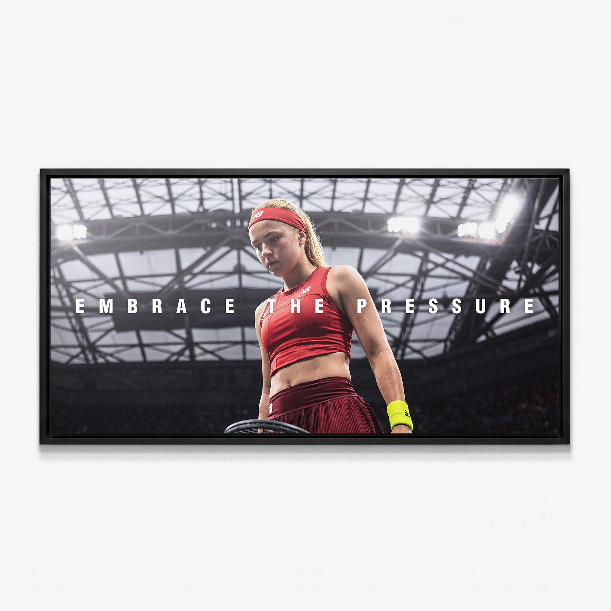 Embrace The Pressure tennis canvas print in a black floating frame
