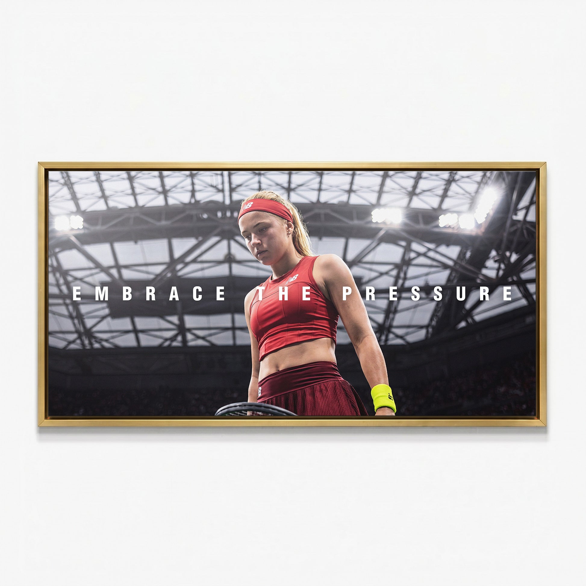 Embrace The Pressure tennis canvas print in a gold floating frame
