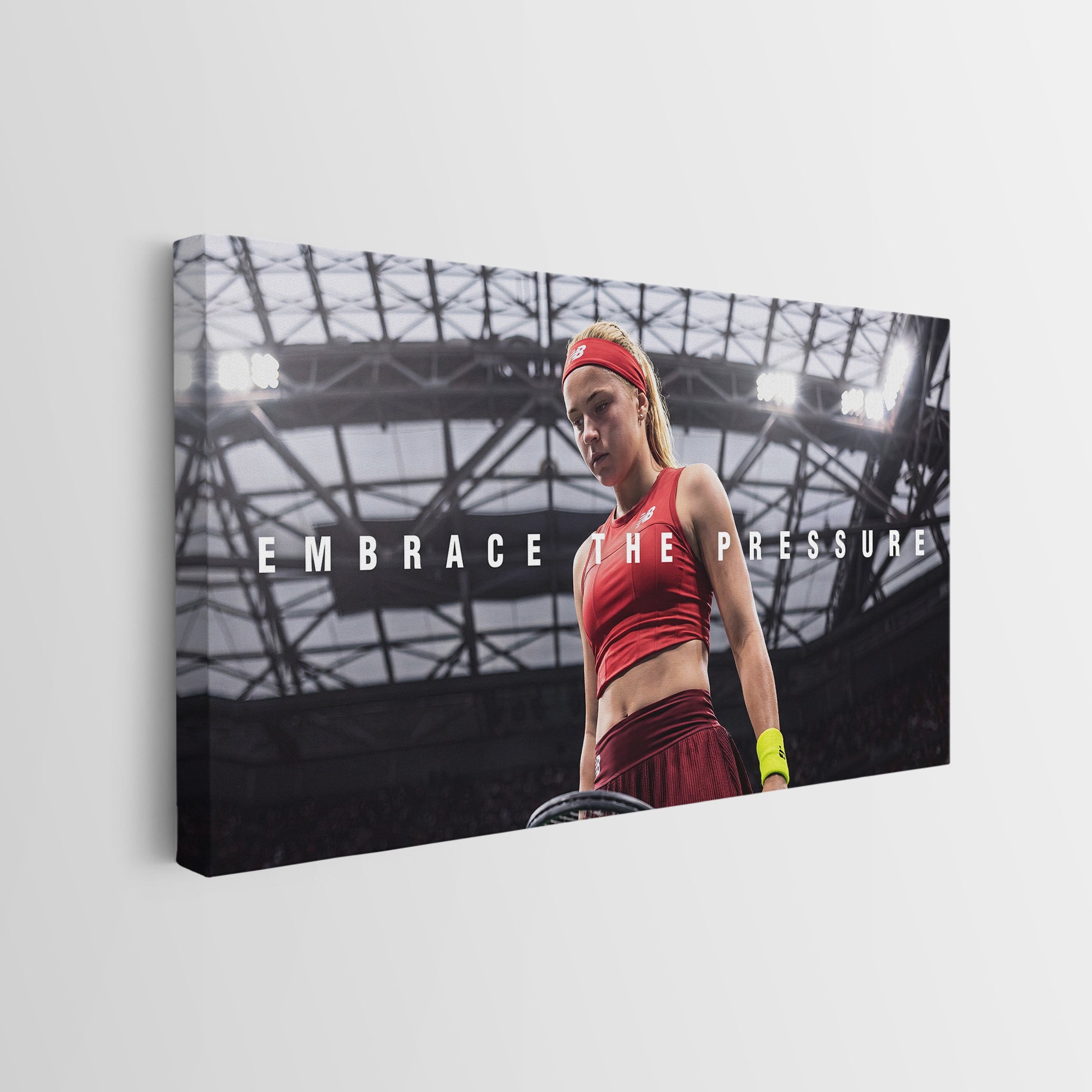 Side profile of the Embrace The Pressure tennis gallery-wrapped canvas showing its depth