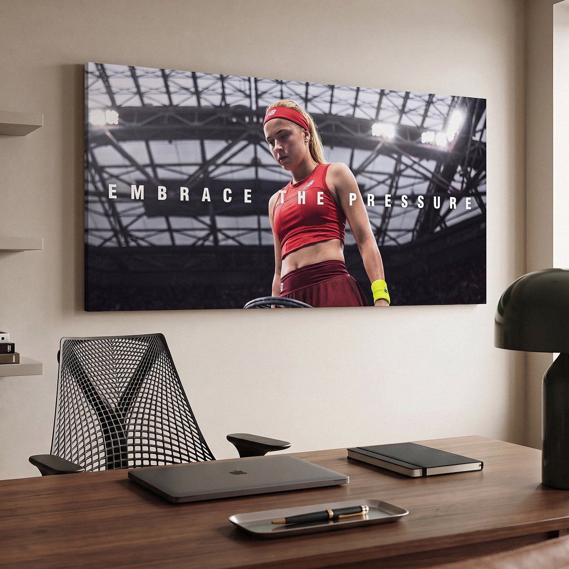 Embrace The Pressure tennis canvas print on a living room wall at a gentle angle showing the gallery-wrapped edge
