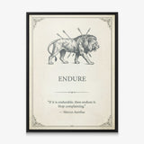 Endure lion quote canvas in a black floating frame