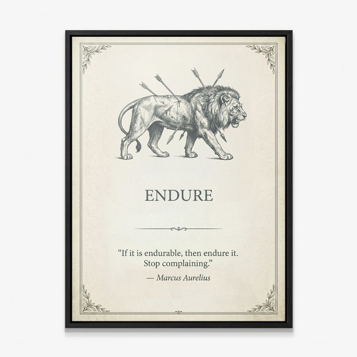Endure lion quote canvas in a black floating frame