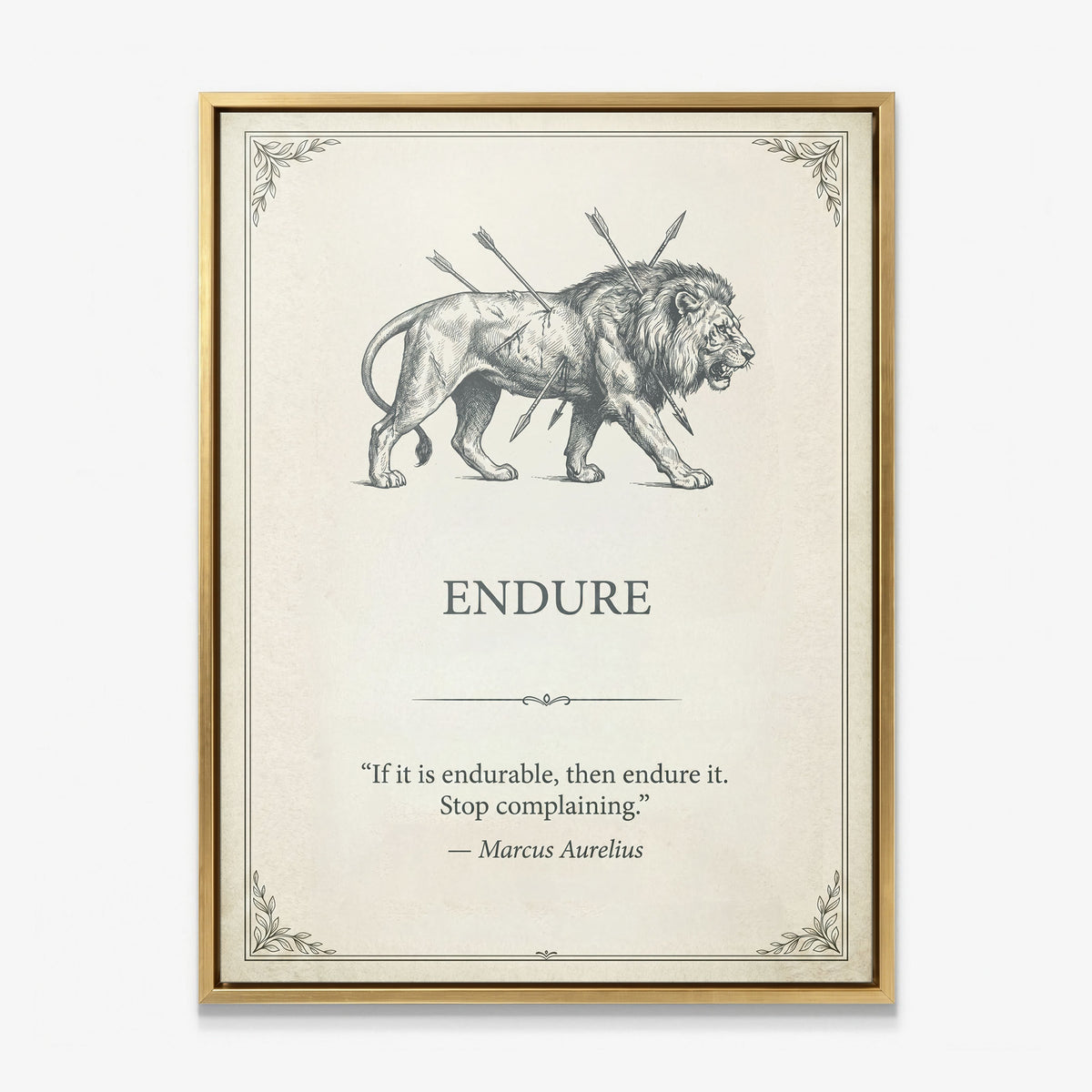 Endure lion quote canvas in a gold floating frame