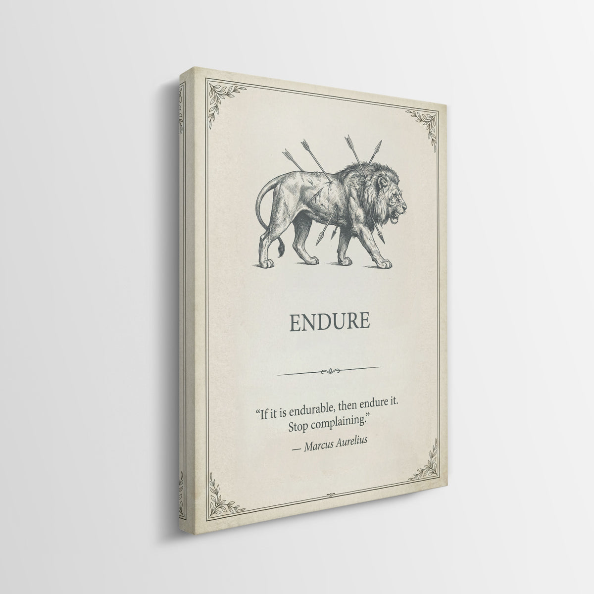 Side view of the Endure lion quote canvas showing the gallery-wrapped edge