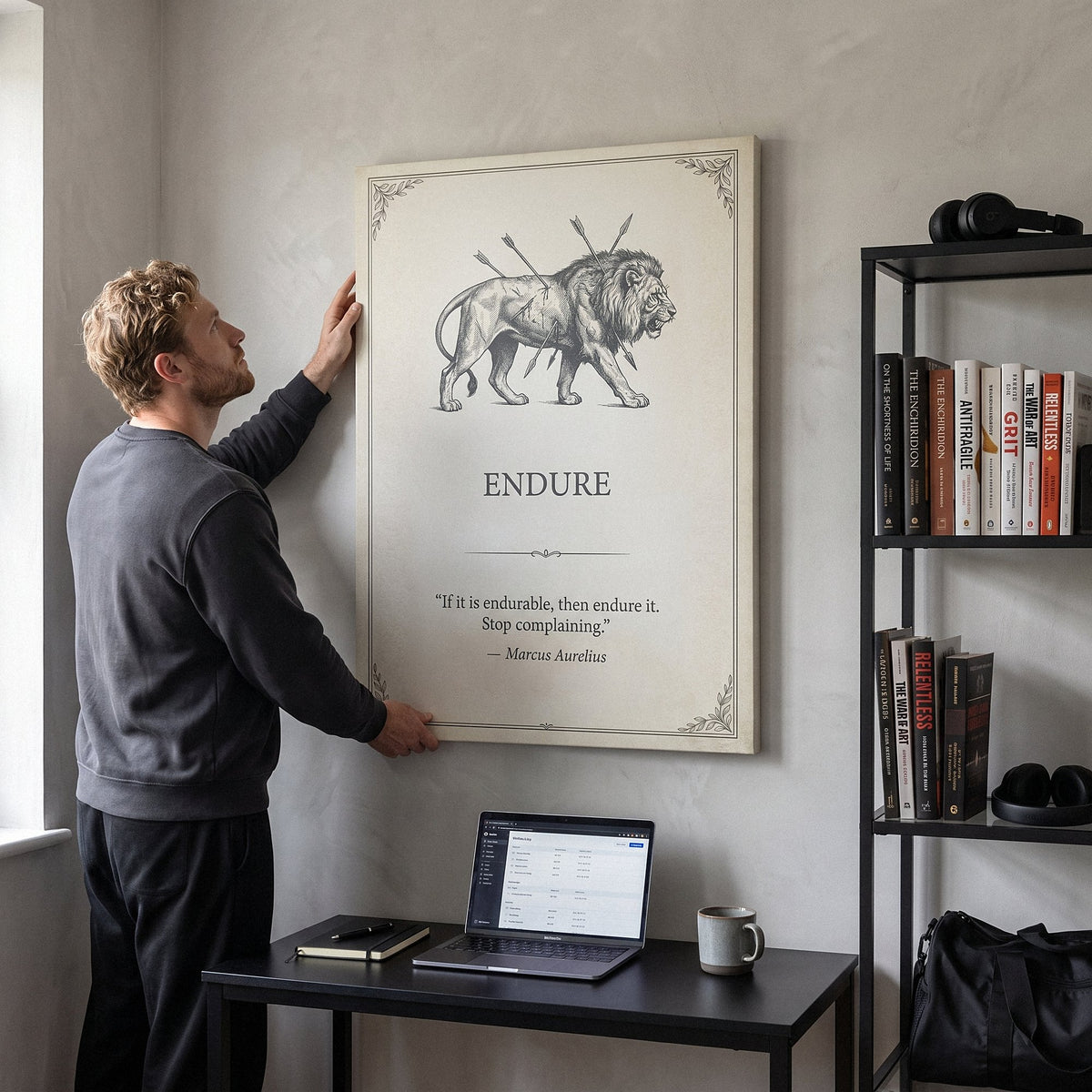 Man straightening the Endure lion quote canvas above his desk in a home office