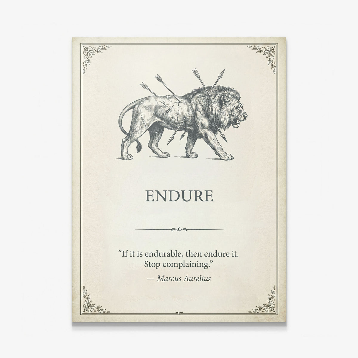 Endure lion Marcus Aurelius quote canvas print on cream, gallery-wrapped and ready to hang
