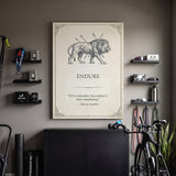 Endure lion quote canvas above a black cabinet with kettlebells in a home gym