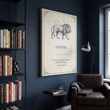 Endure lion quote canvas beside a black bookcase and leather club chair in a dark study