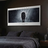 Endure The Arena Marcus Aurelius lion quote canvas above a bed in a dark bedroom