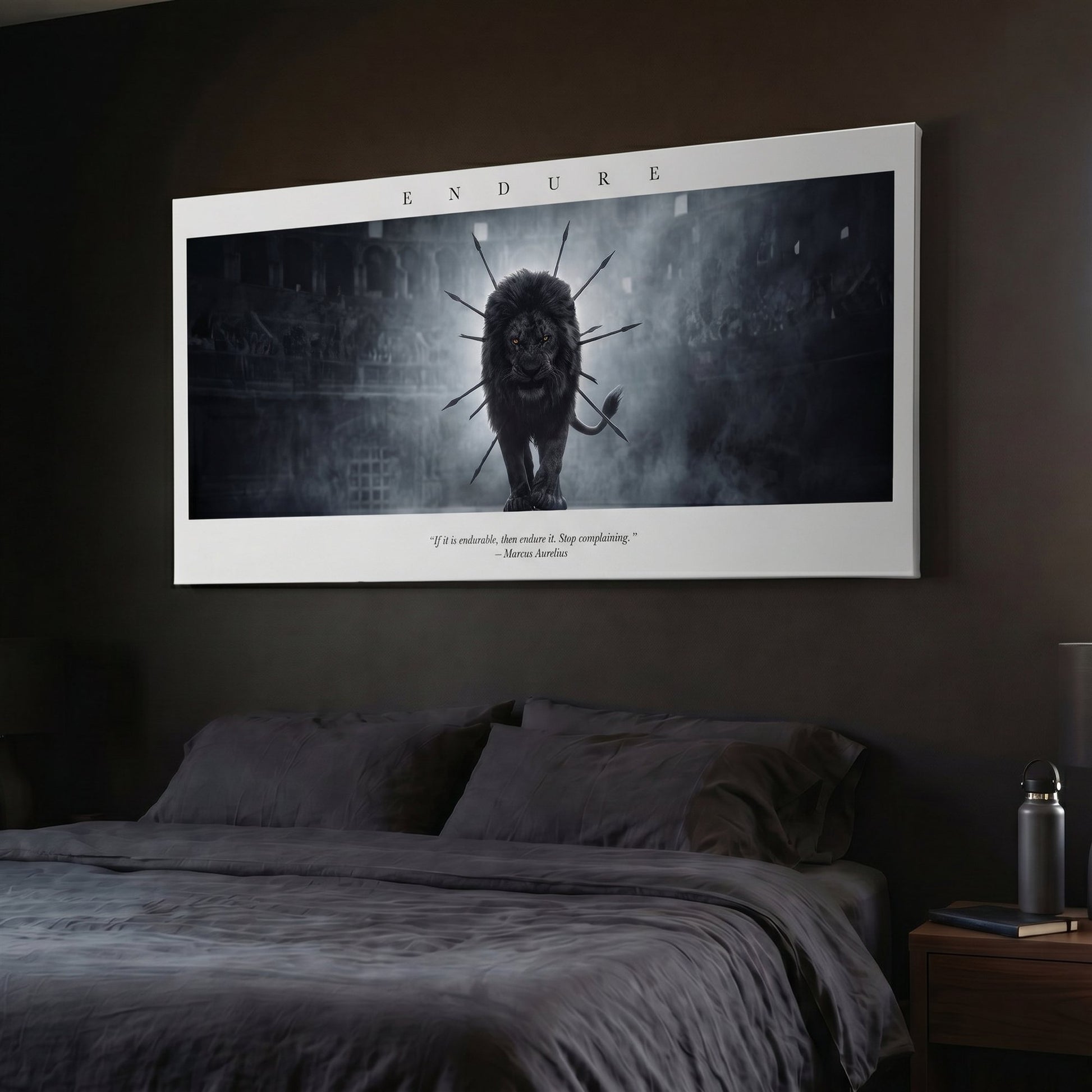 Endure The Arena Marcus Aurelius lion quote canvas above a bed in a dark bedroom