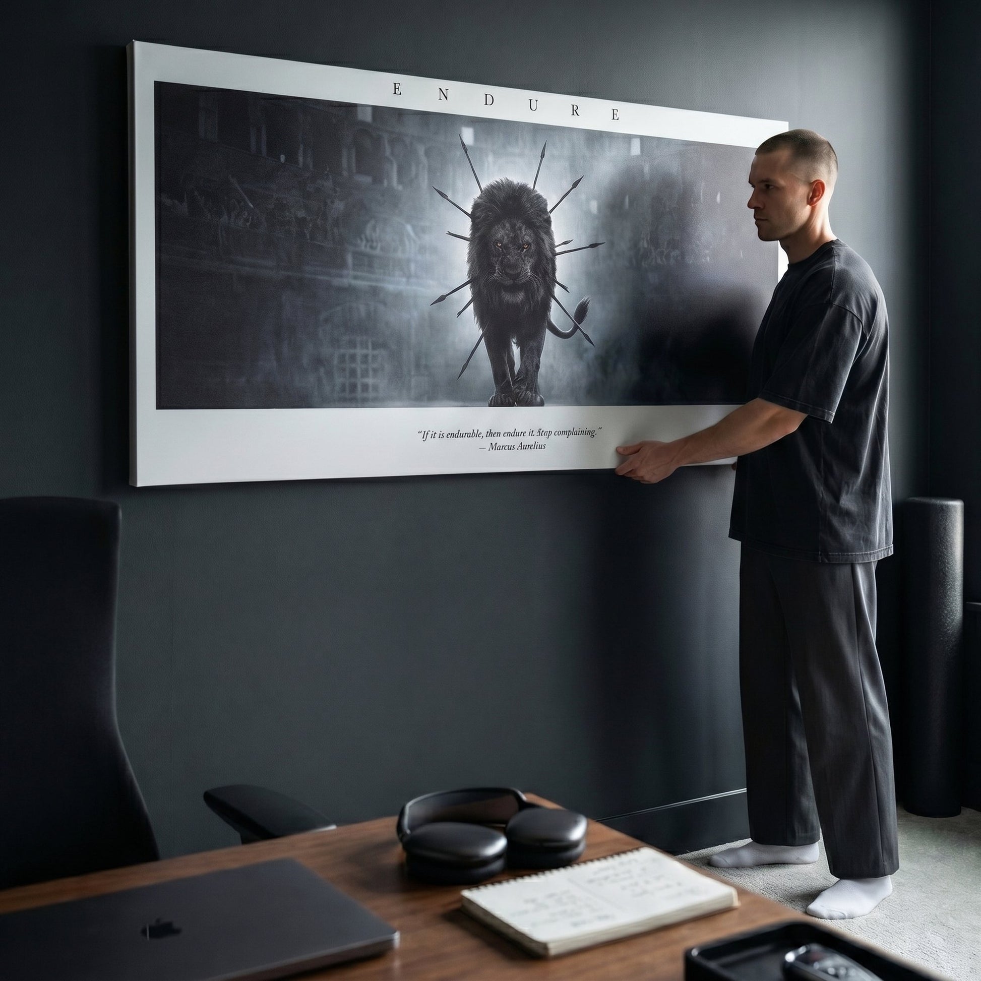 Endure The Arena lion wall art with a man in a dark home office