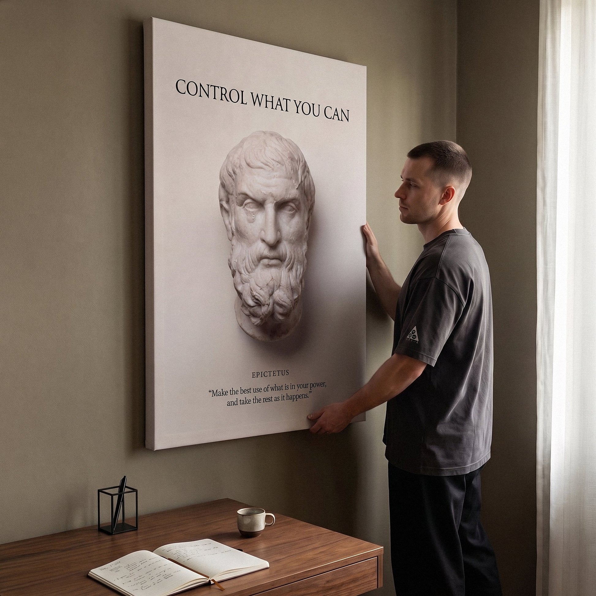 Man hanging Epictetus Control What You Can Stoic canvas wall art above a desk