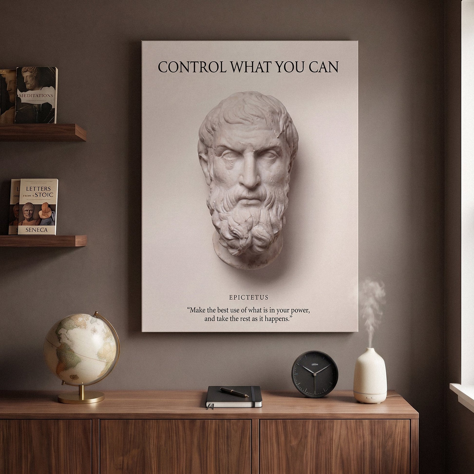Epictetus Control What You Can Stoic quote canvas wall art in a study