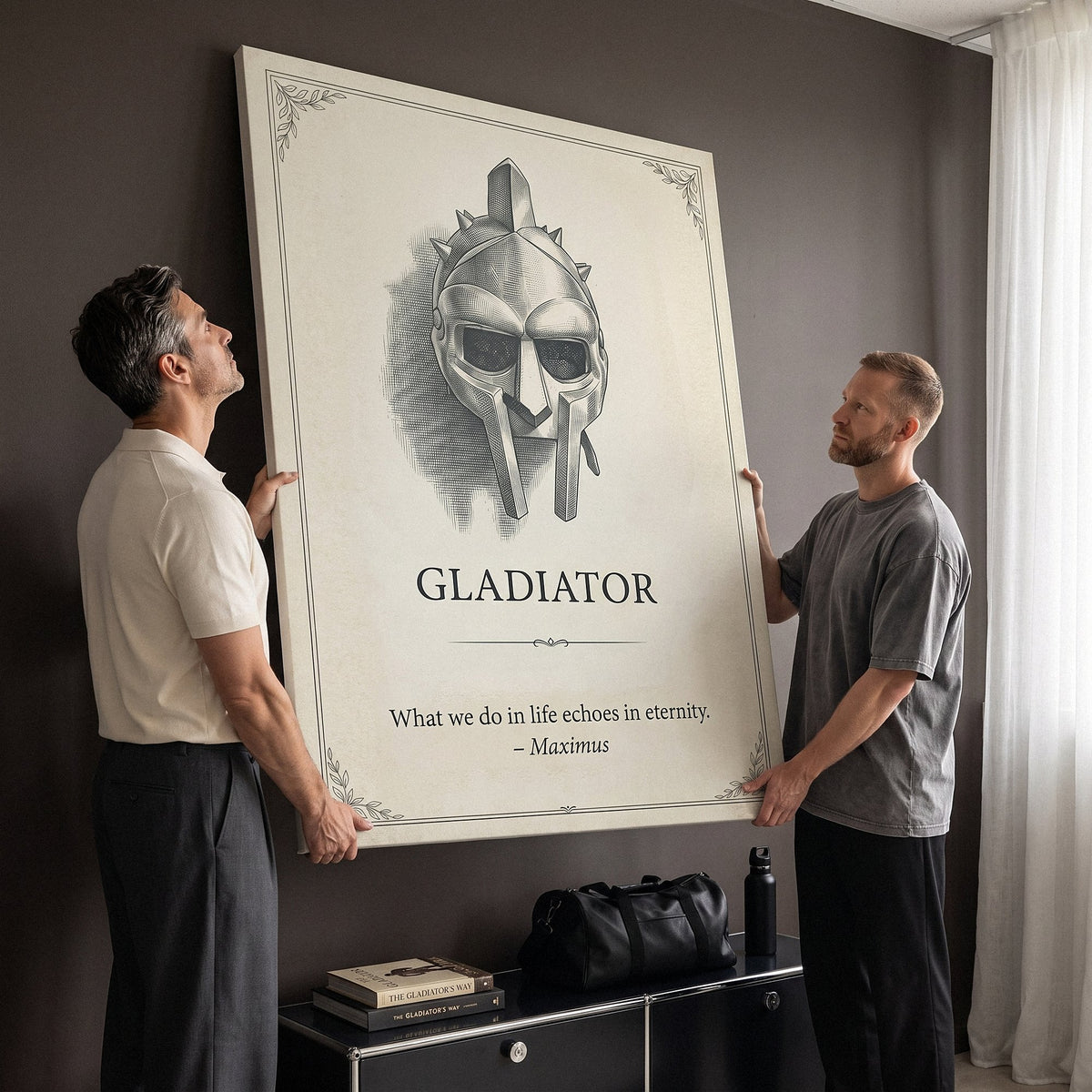 Two men holding the Eternity gladiator quote canvas against a living room wall