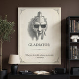 Eternity gladiator quote canvas above a black credenza in a chocolate-brown study