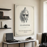 Eternity gladiator quote canvas above a marble-top credenza with a turntable in a living room