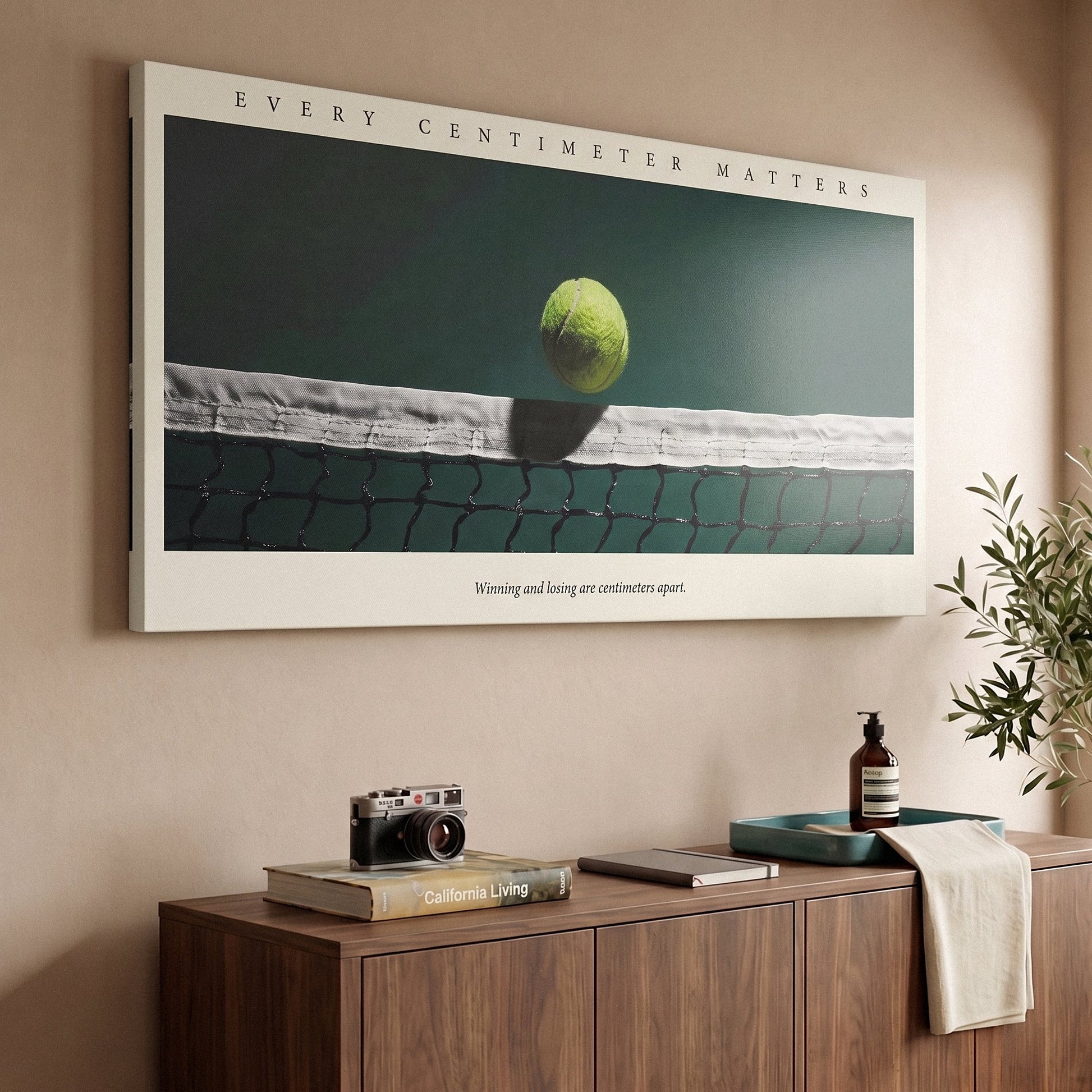 Every Centimeter Matters tennis canvas print at an angle showing the gallery-wrapped edge