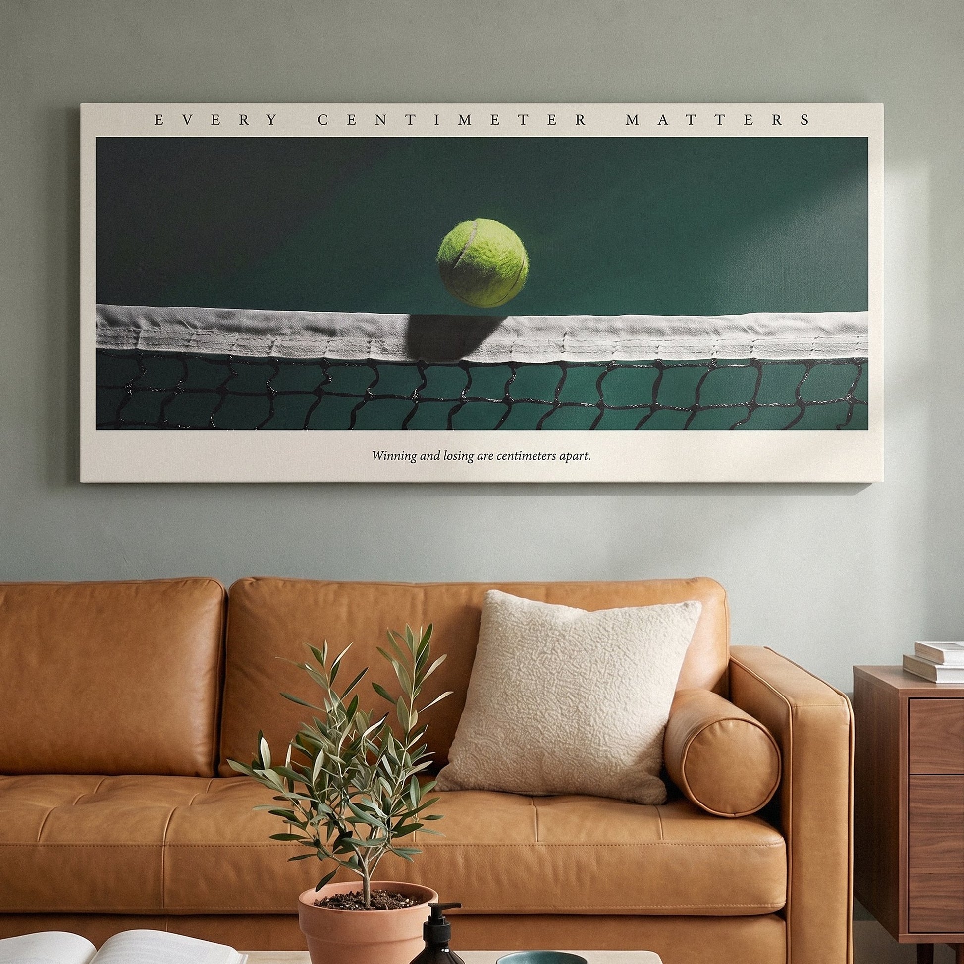 Every Centimeter Matters tennis panoramic canvas on a wall above a console