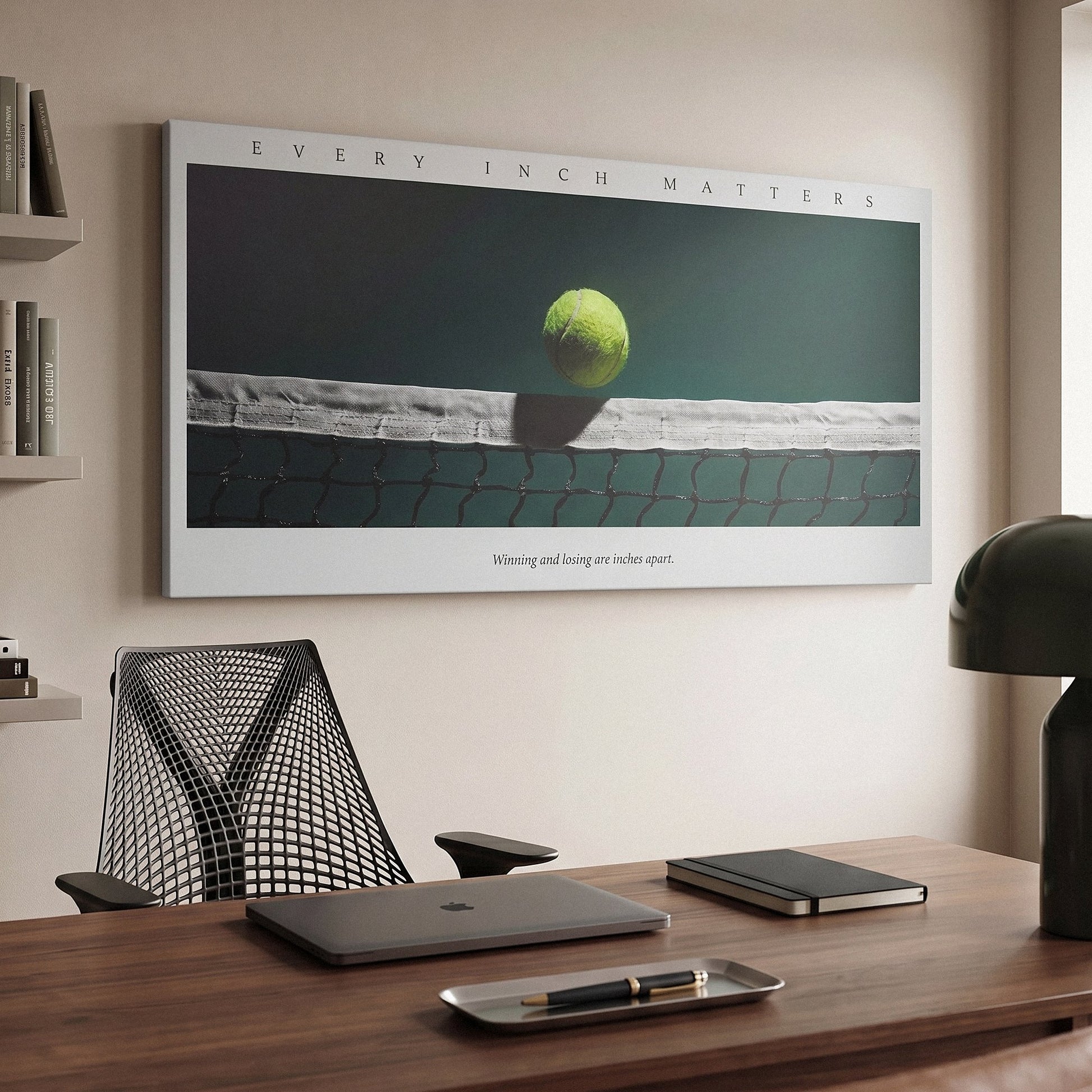 Every Inch Matters tennis canvas print on a living room wall at a gentle angle showing the gallery-wrapped edge