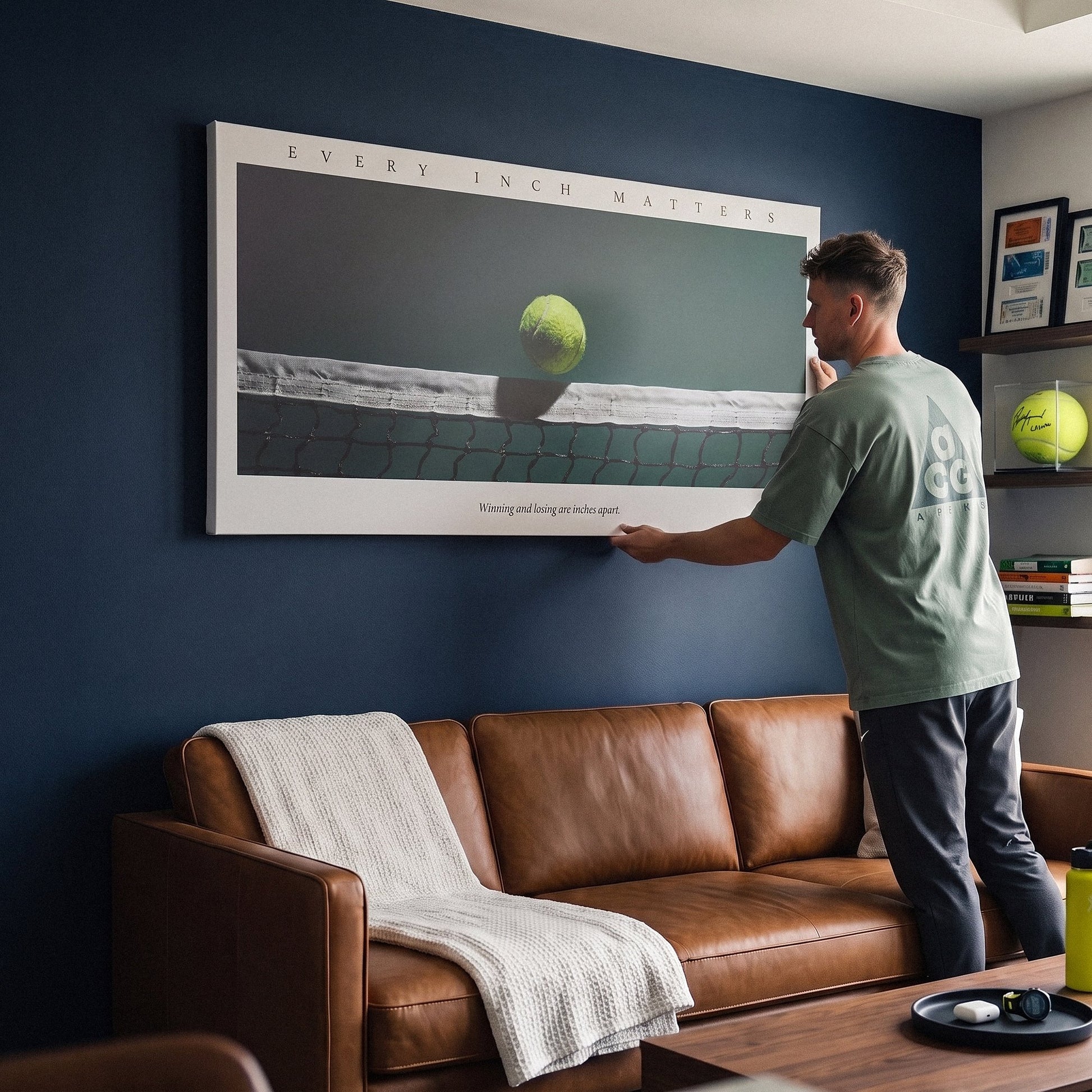 Person admiring the Every Inch Matters tennis canvas print in a styled interior