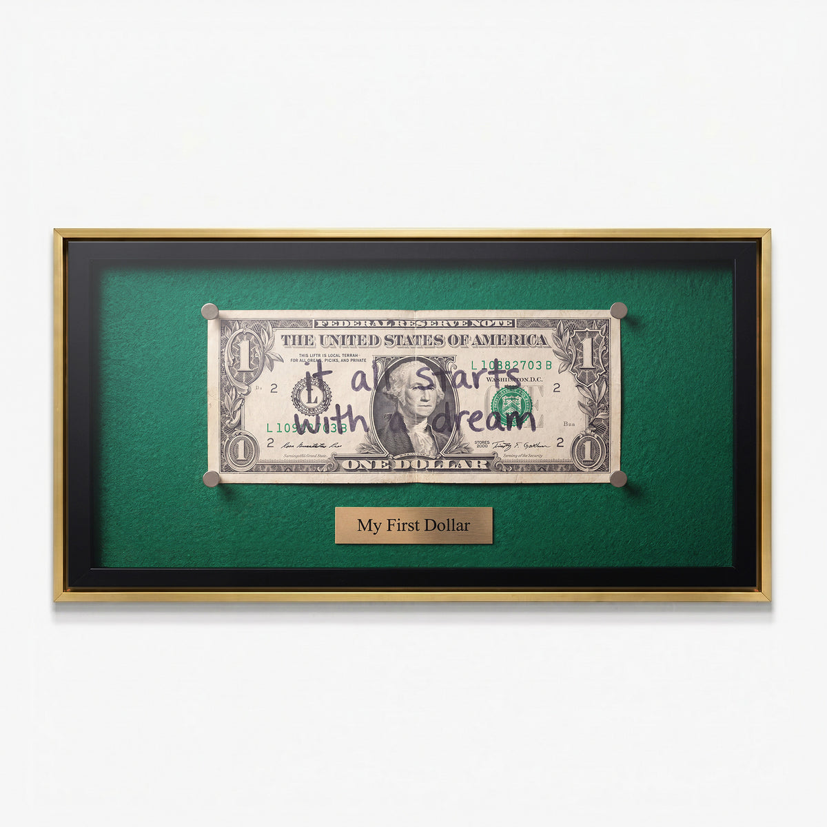 First Dollar canvas in a gold floating frame