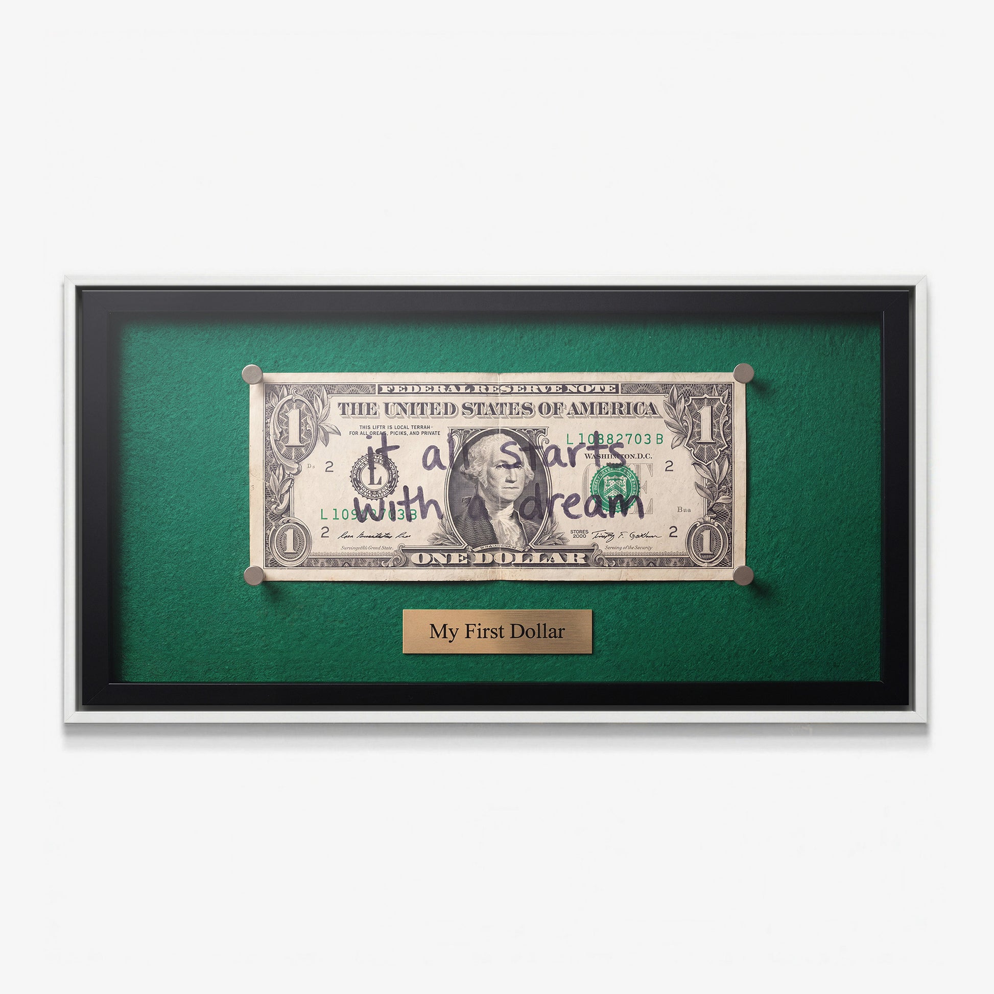 First Dollar canvas in a white floating frame