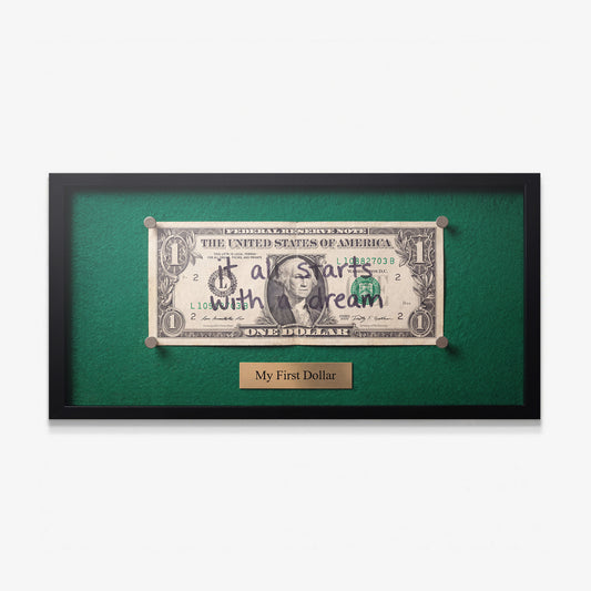 First Dollar canvas wall art, a dollar bill pinned on green felt with a brass My First Dollar plate