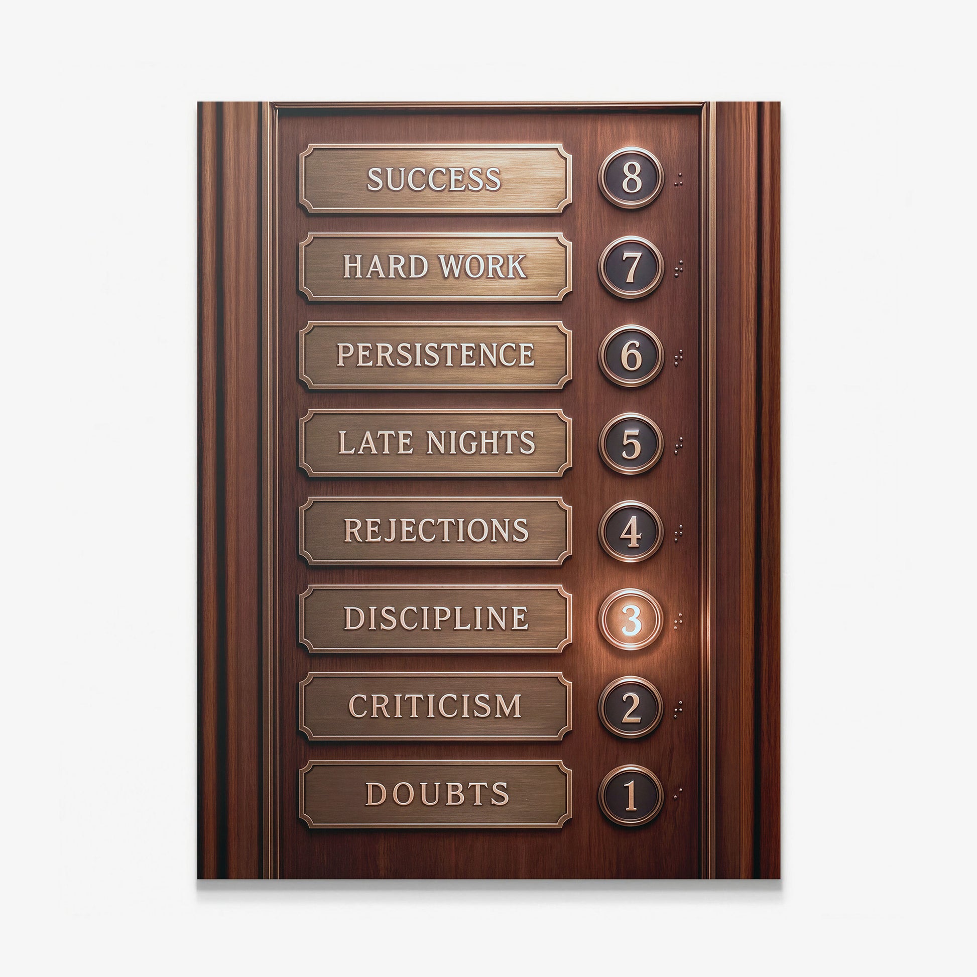 Floors To Success canvas wall art, a brass and walnut elevator panel listing Doubts, Criticism, Discipline and Success