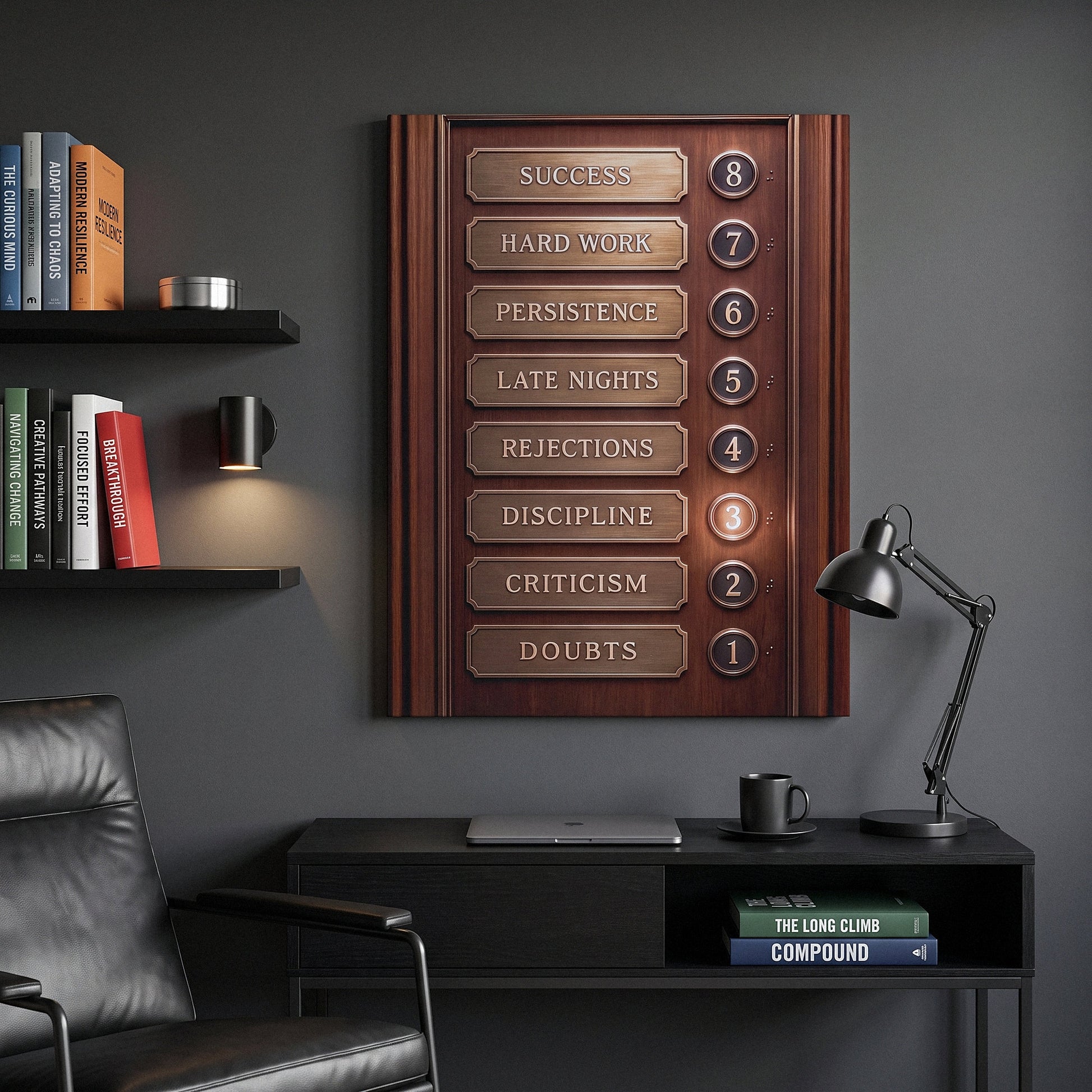 Floors To Success motivational wall art above a black desk in a charcoal home office