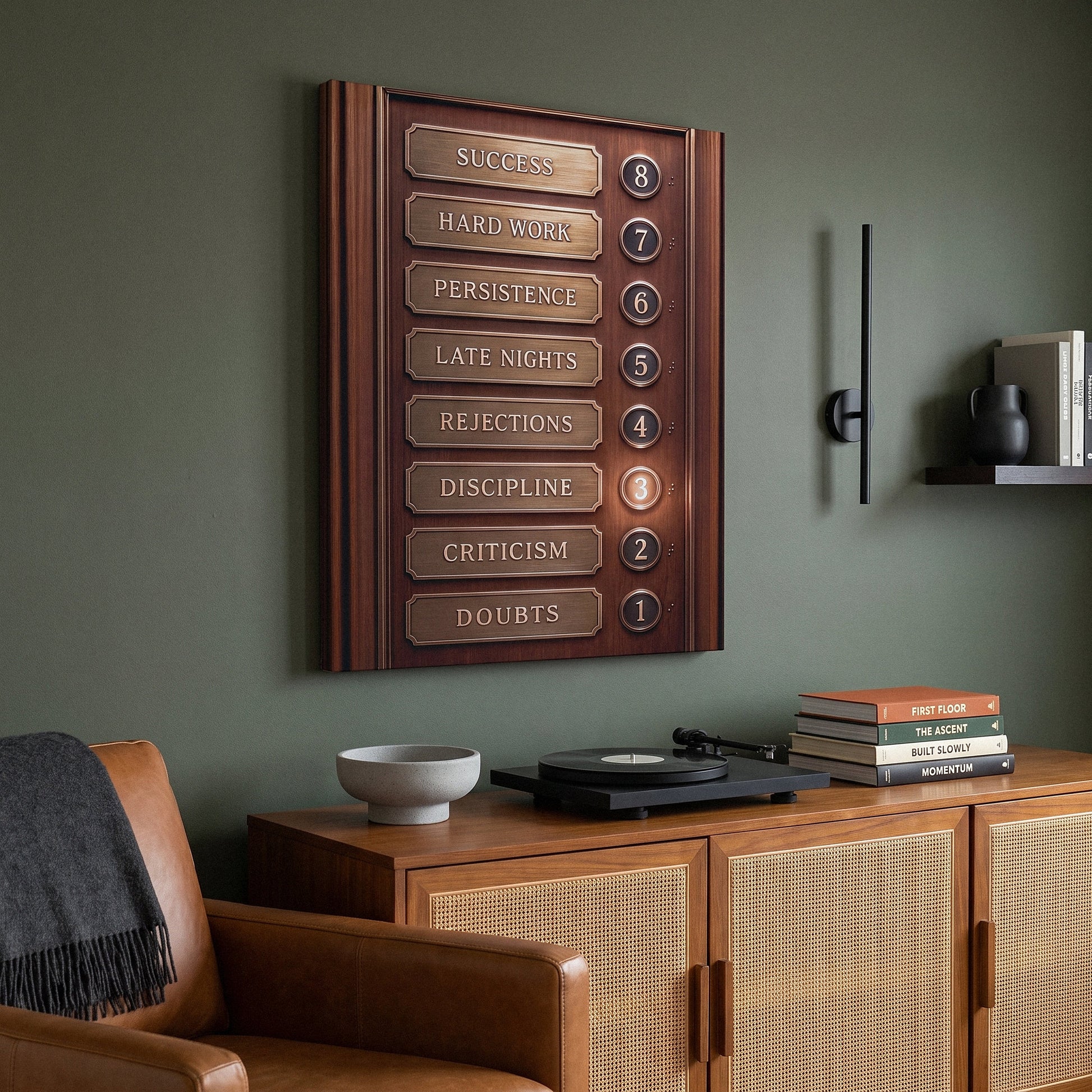 Floors To Success canvas print above a cane credenza, angled view showing the gallery wrap edge