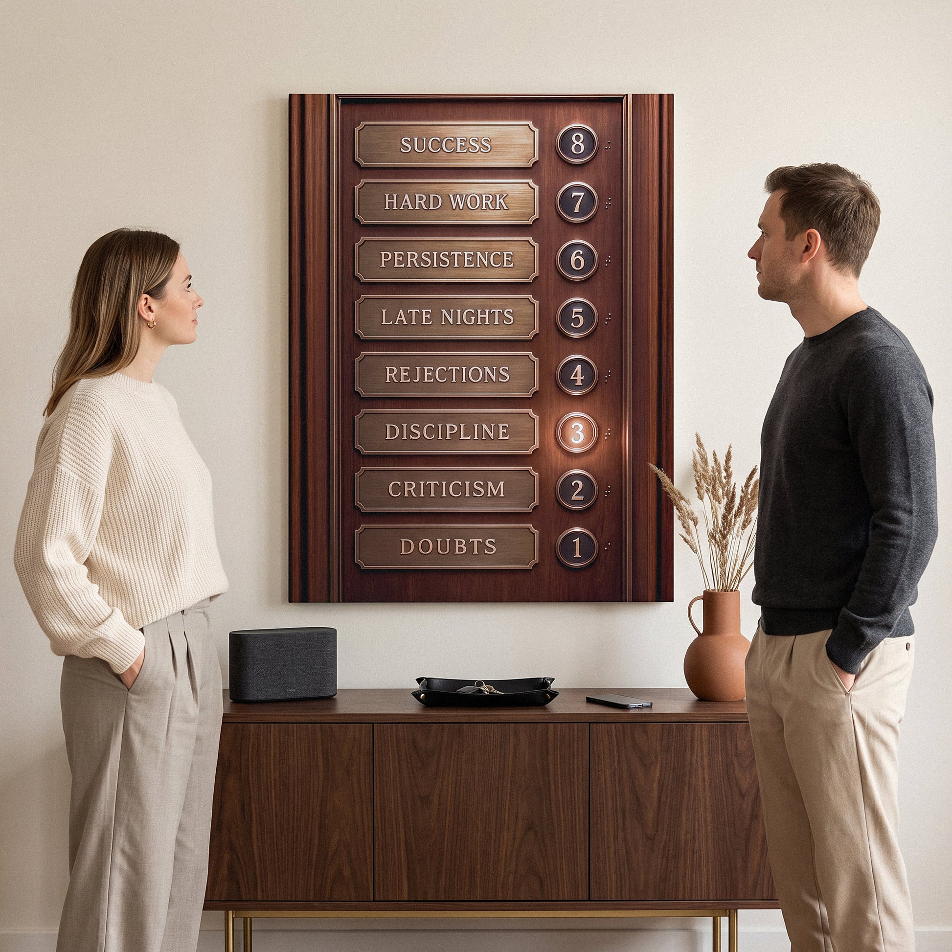 Floors To Success wall art in a living room with two people looking at it